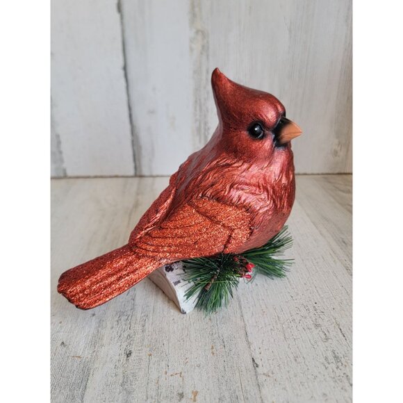 Resin red cardinal snow covered branch Xmas home decor unique figure - Picture 2 of 8